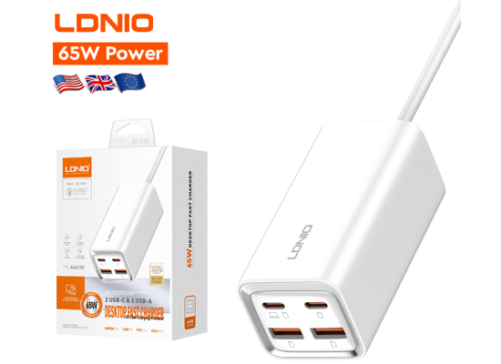 LDNIO A4610C 65W High Power Support 4 Port Usb UK US EU Plug Type C Qc3.0 Fast Charger Adapter Universal Charger for Laptop - White